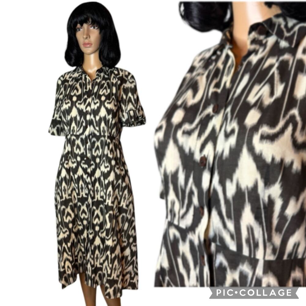 Talbots Brown Ivory Ikat Print Button Front Midi Shirt Dress size 2 petite